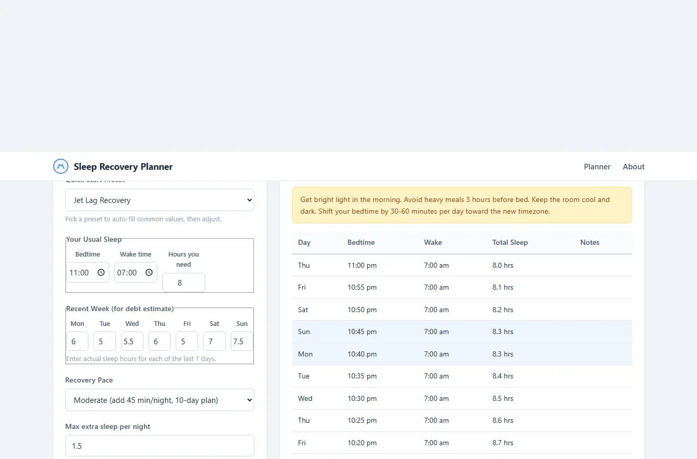Screenshot of Sleep Recovery Planner interface showing the project page in use